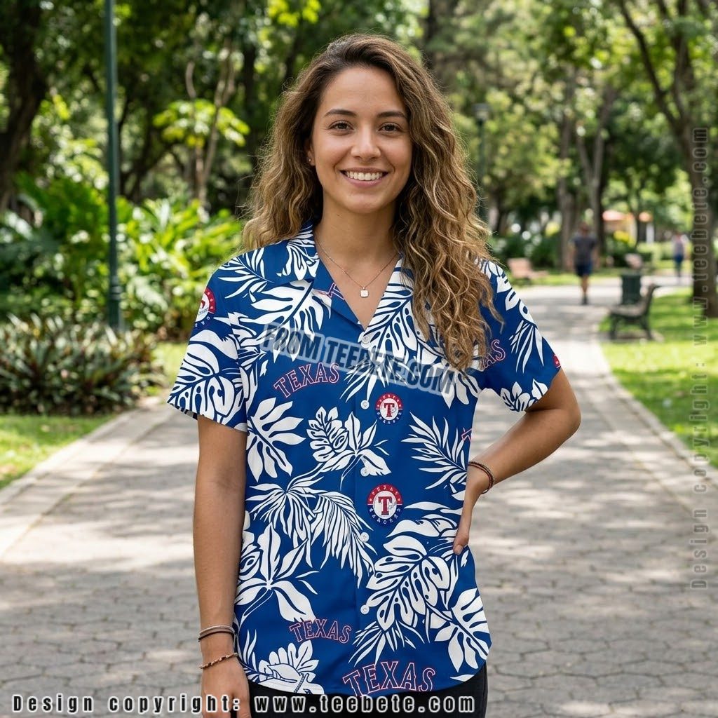 Texas Rangers White Leaf Blue Hawaiian Shirt
