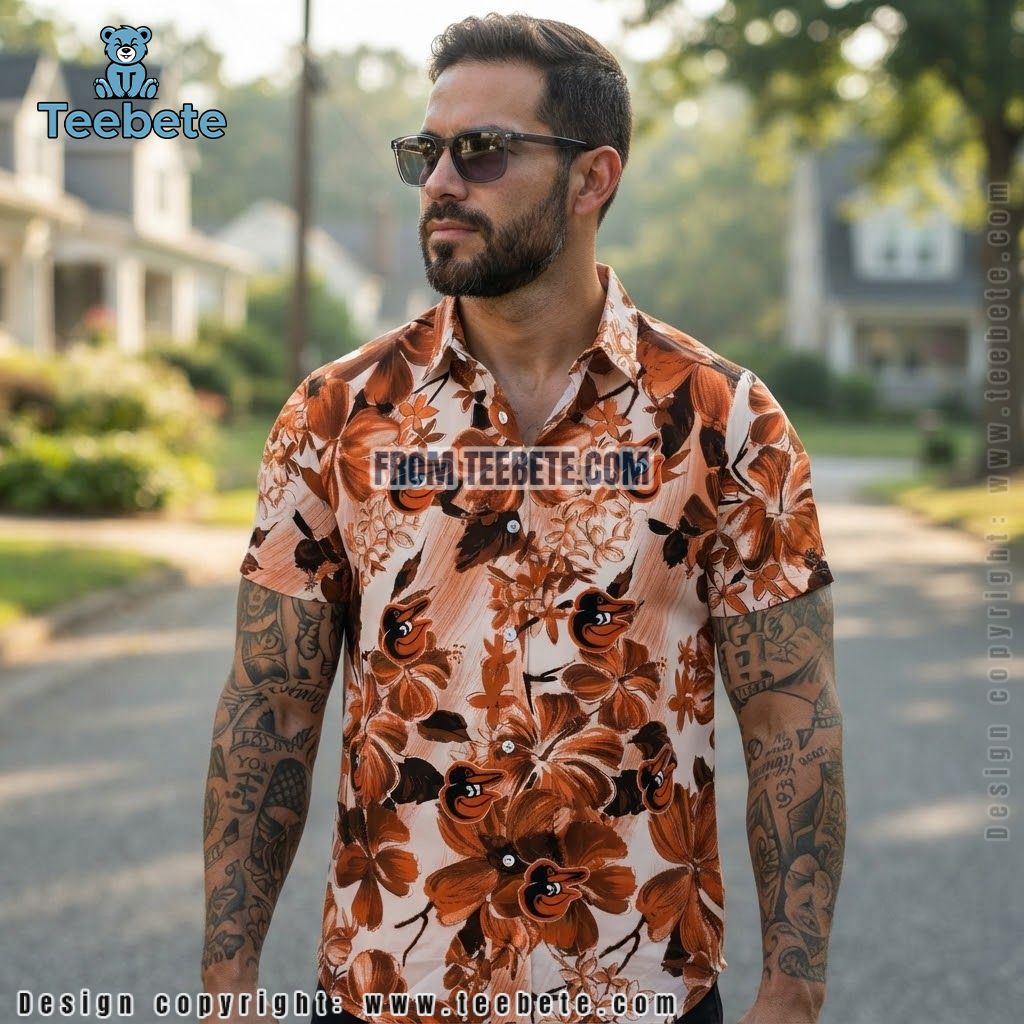 Baltimore Orioles Hawaiian Shirt Watercolor Hibiscus Floral Mascot