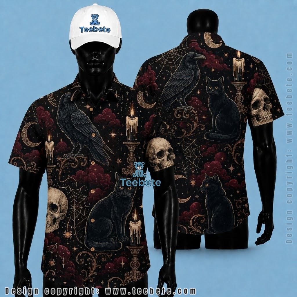 Black Cat Raven Spooky Halloween Scene Hawaiian Shirt