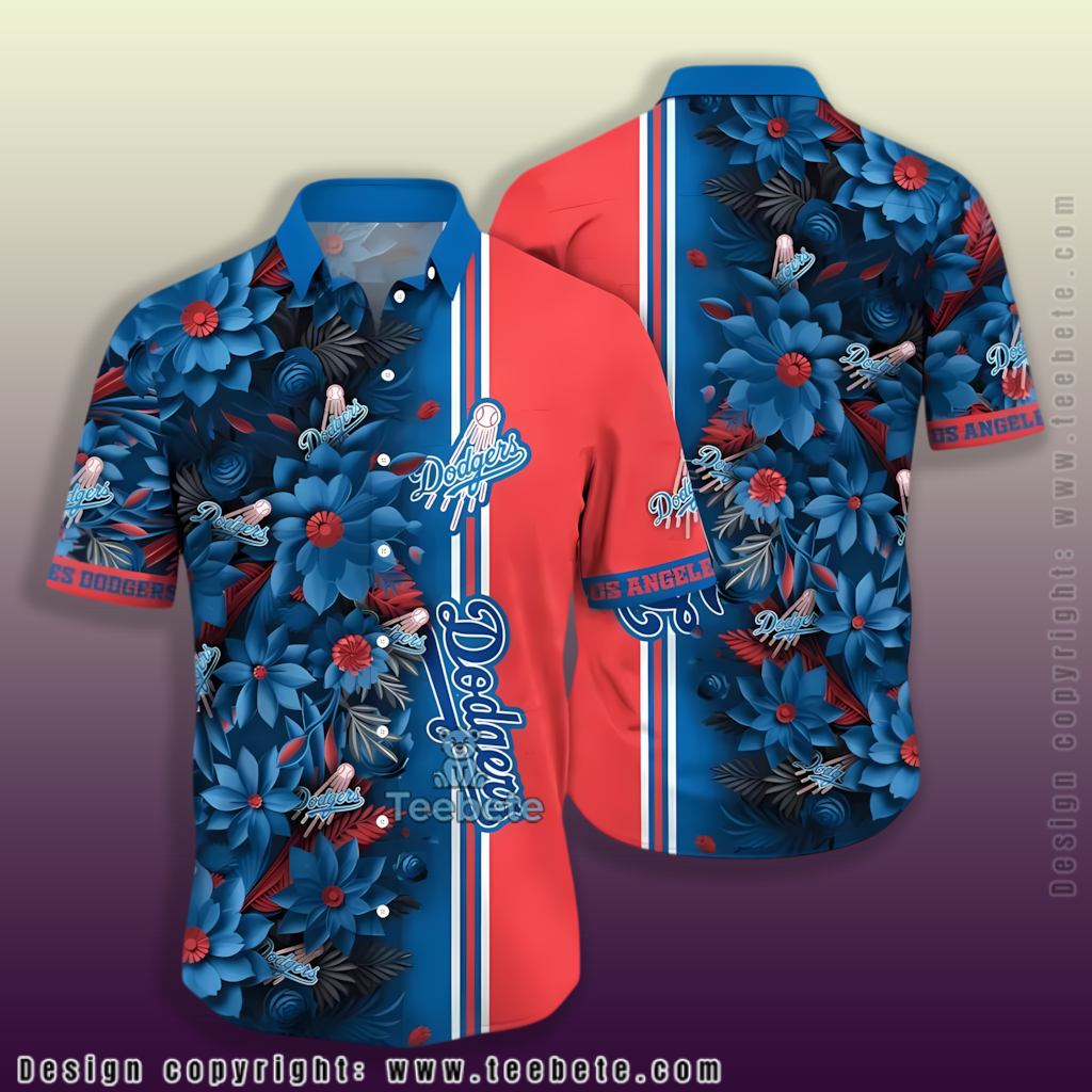 Blue Wildflower Red Stripe Los Angeles Dodgers Hawaiian Shirt
