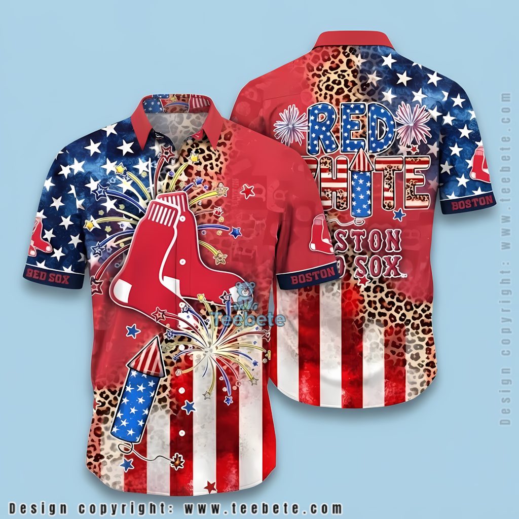 Boston Red Sox Aloha Shirt Fireworks Leopard Print Flag
