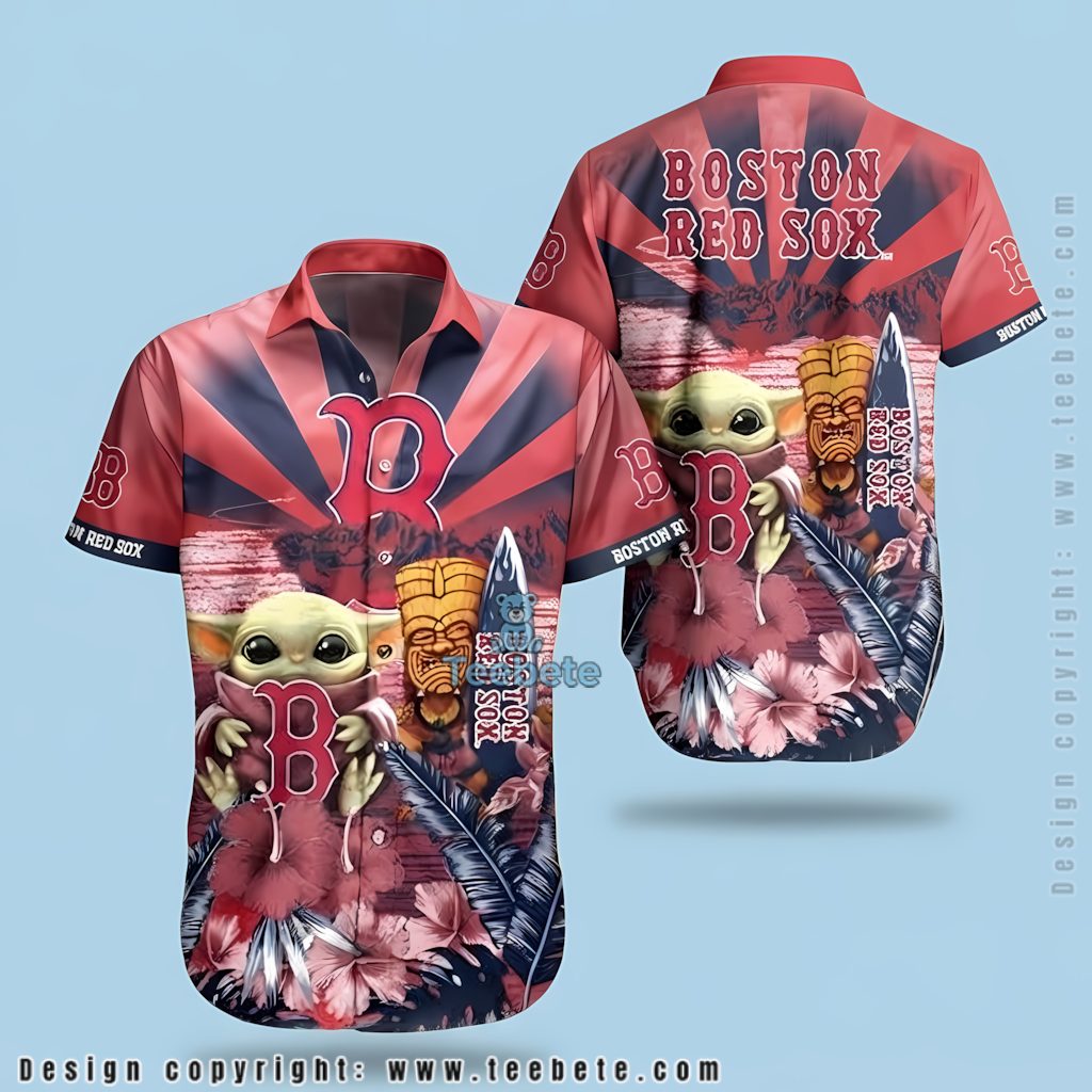Boston Red Sox Hawaiian Shirt Baby Yoda Tiki Sunset Beach