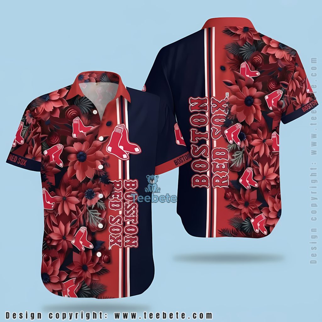 Boston Red Sox Hawaiian Shirt Dahlia Rose Navy Bloom