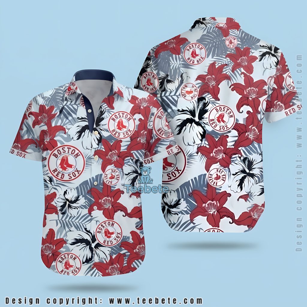 Boston Red Sox Hawaiian Shirt Lily Hibiscus Circle Logo