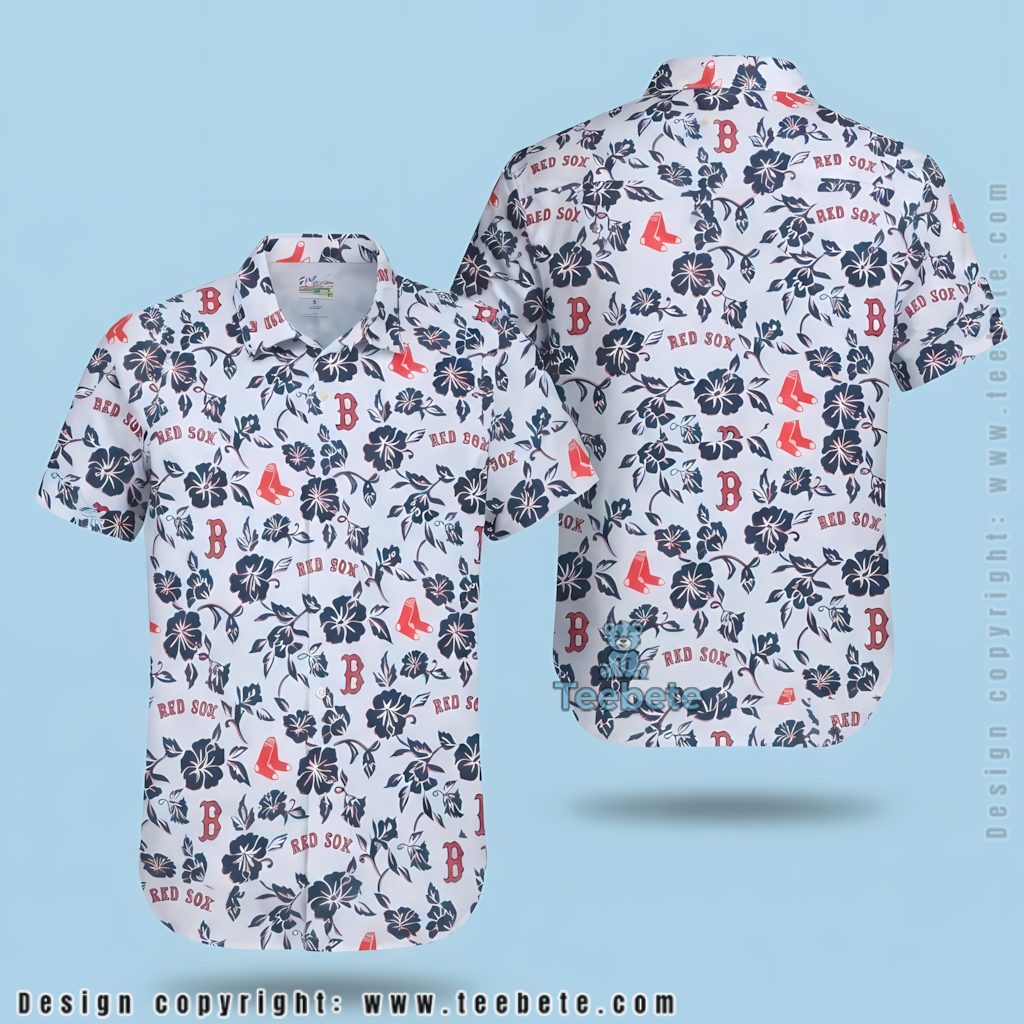 Boston Red Sox Hawaiian Shirt Navy Hibiscus White Print
