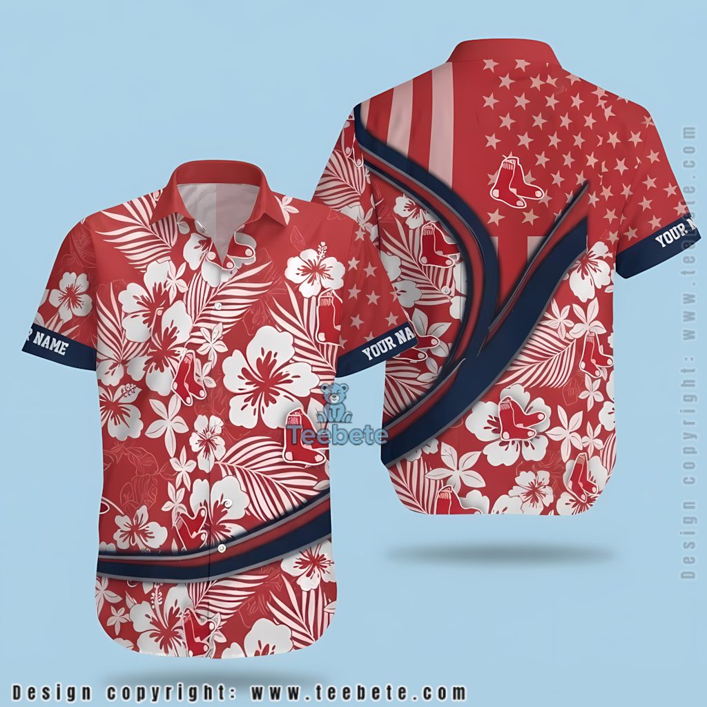 Boston Red Sox Hawaiian Shirt Personalized Hibiscus US Flag