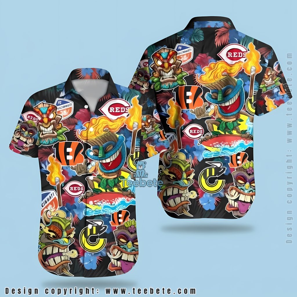 Cincinnati Reds Aloha Shirt Tiki Mask Torch Fire
