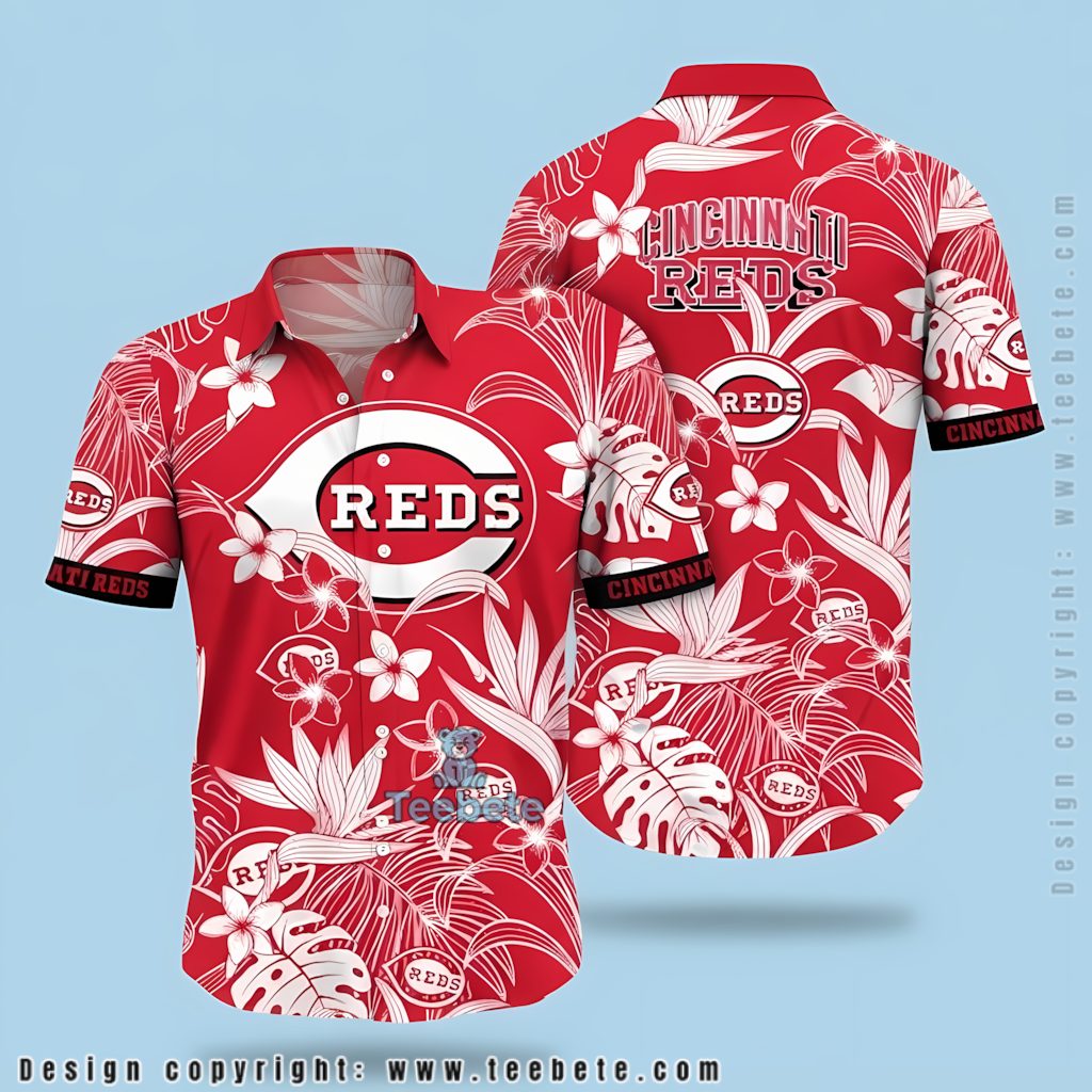 Cincinnati Reds Aloha Shirt White Plumeria Monstera Print