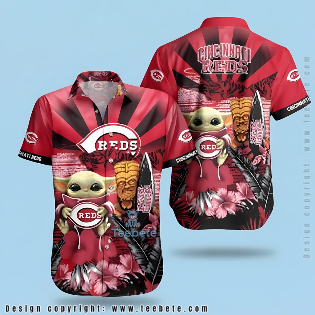 Cincinnati Reds Hawaiian Shirt Black Palm Starfish Doodle Cincinnati Reds Hawaiian Shirt Black Palm Starfish Doodle
