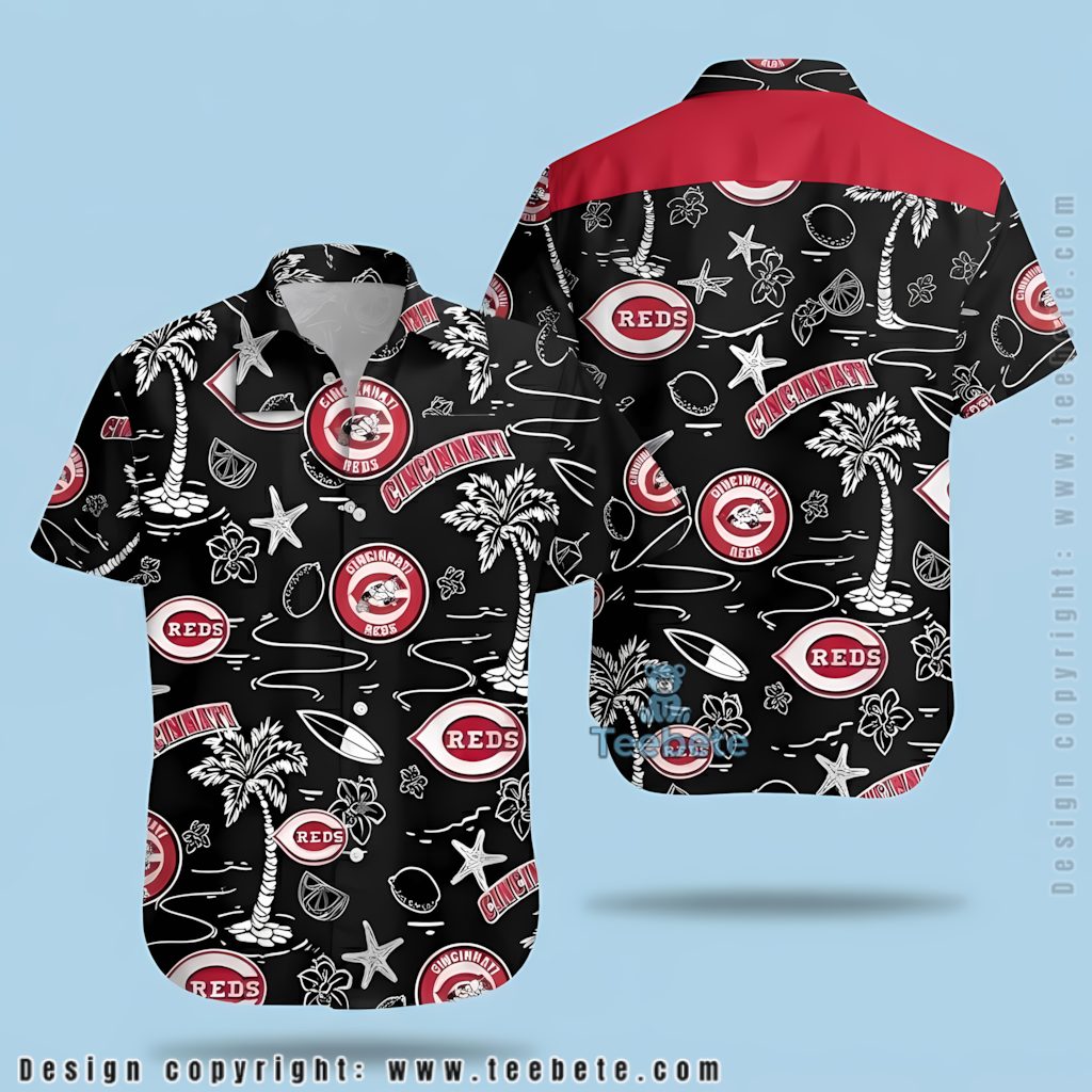 Cincinnati Reds Hawaiian Shirt Black Palm Starfish Doodle