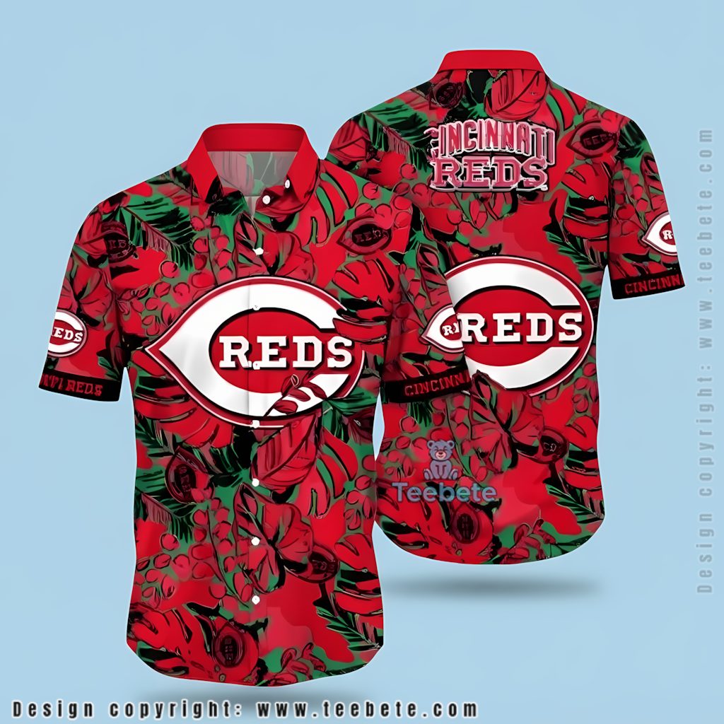 Cincinnati Reds Hawaiian Shirt Black Palm Starfish Doodle Cincinnati Reds Hawaiian Shirt Black Palm Starfish Doodle