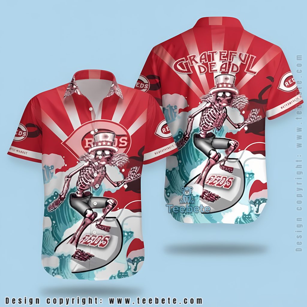 Cincinnati Reds Hawaiian Shirt Grateful Dead Surfing Skeleton