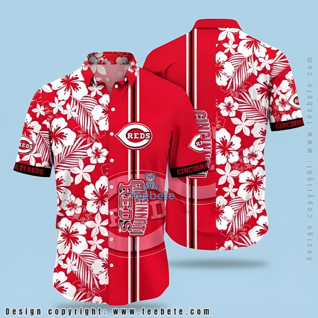 Cincinnati Reds Hawaiian Shirt Hibiscus Stripe Emblem Design