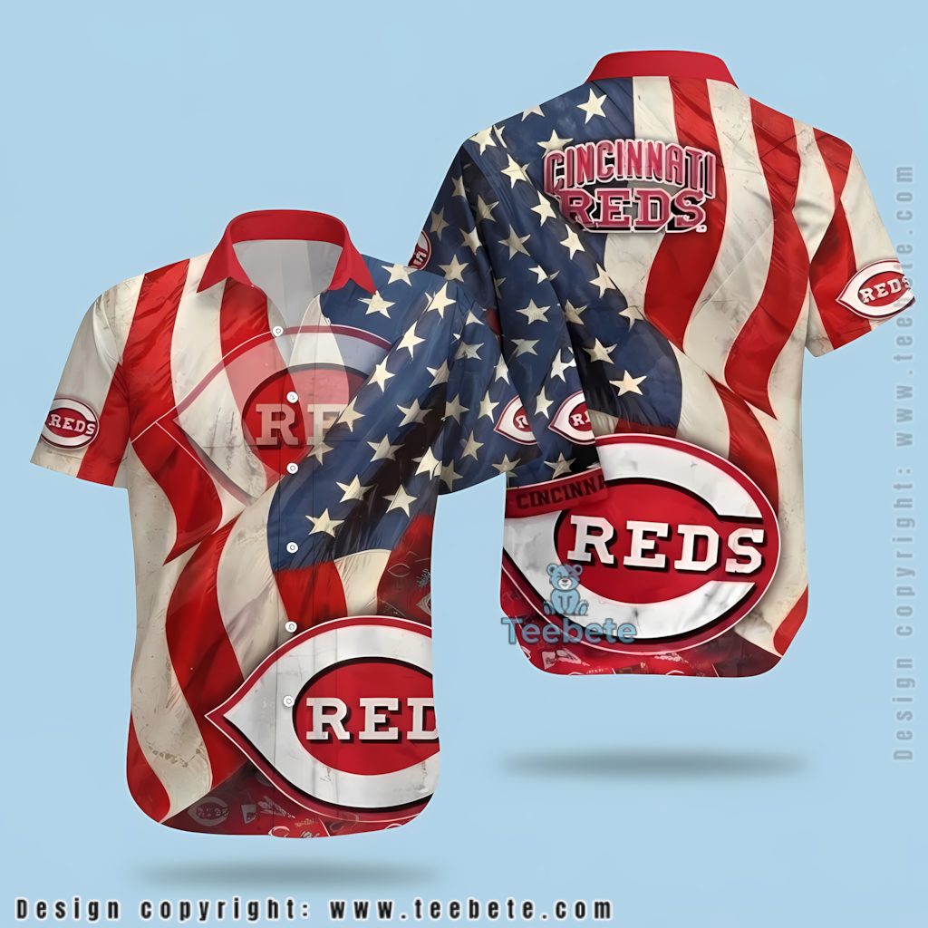 Cincinnati Reds Hawaiian Shirt Vintage USA Flag Waving