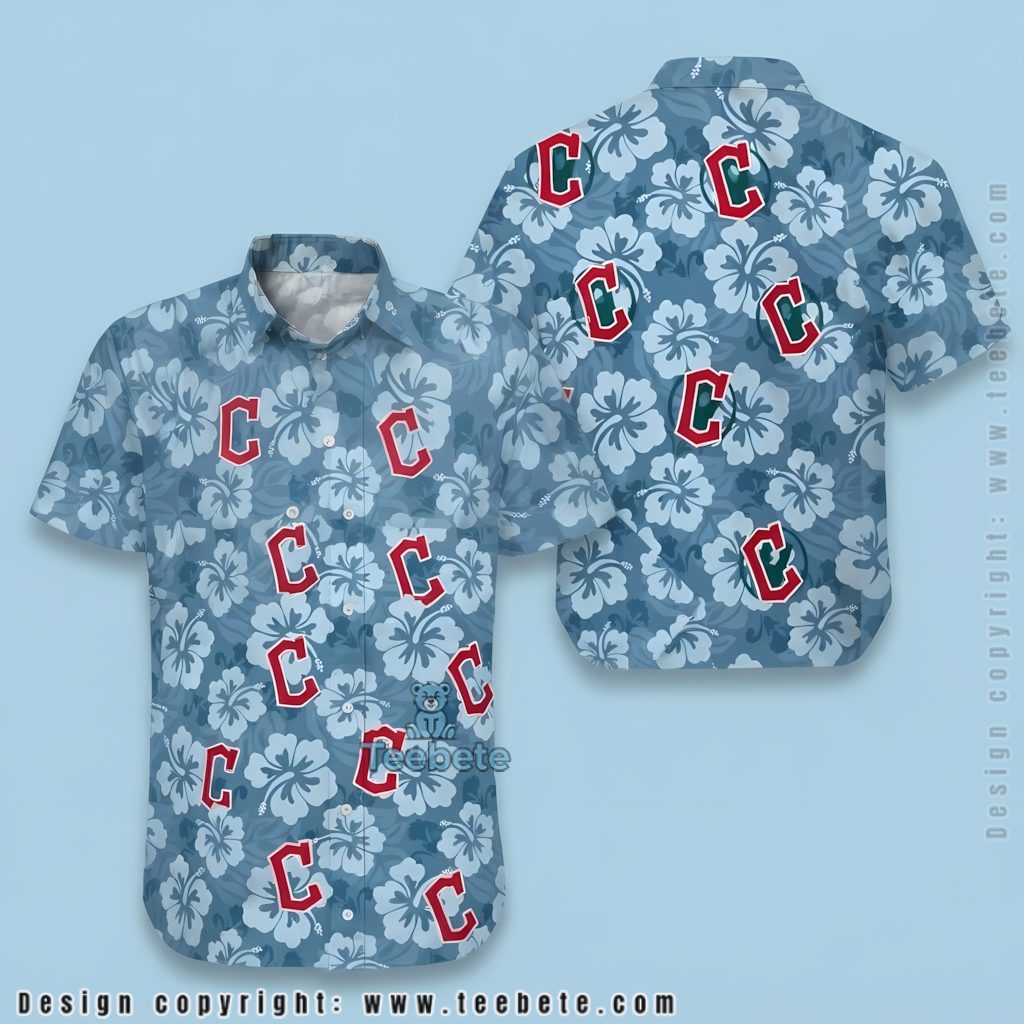 Cleveland Guardians Hawaiian Shirt Blue Hibiscus Logo Print