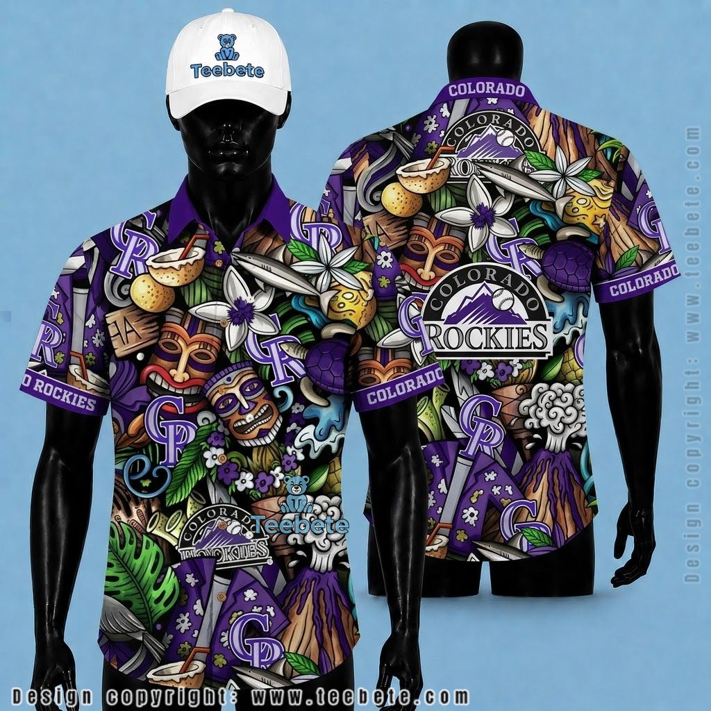 Colorado Rockies Hawaiian Shirt Tiki Volcano Turtle Purple