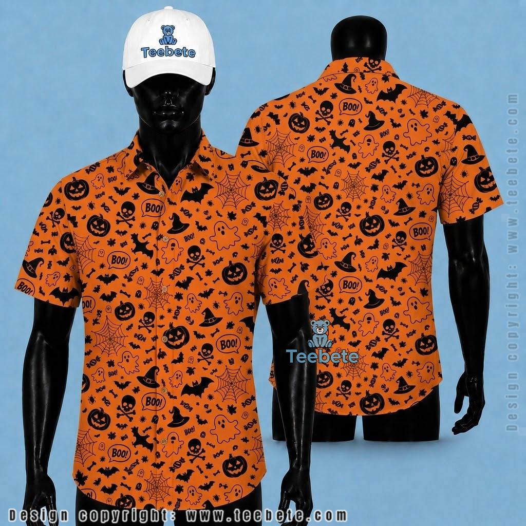 Cute Halloween Pattern Aloha Shirt Orange