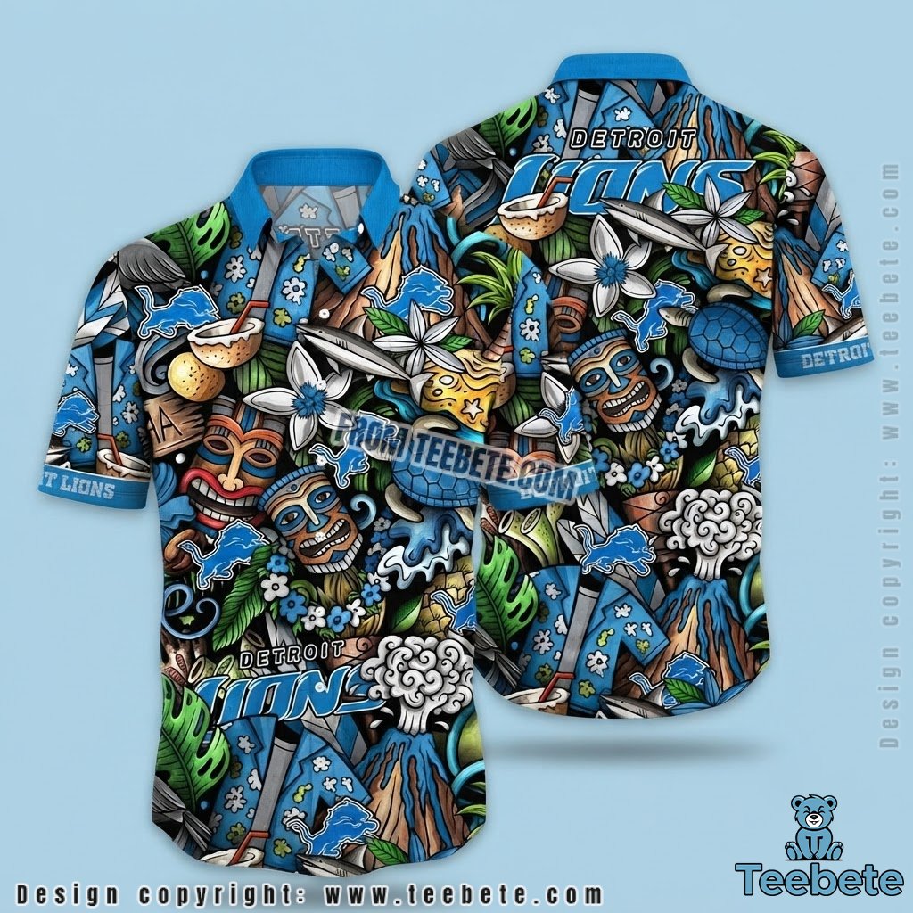 Detroit Lions Hawaiian Shirt Tiki Mask Volcano Turtle Design