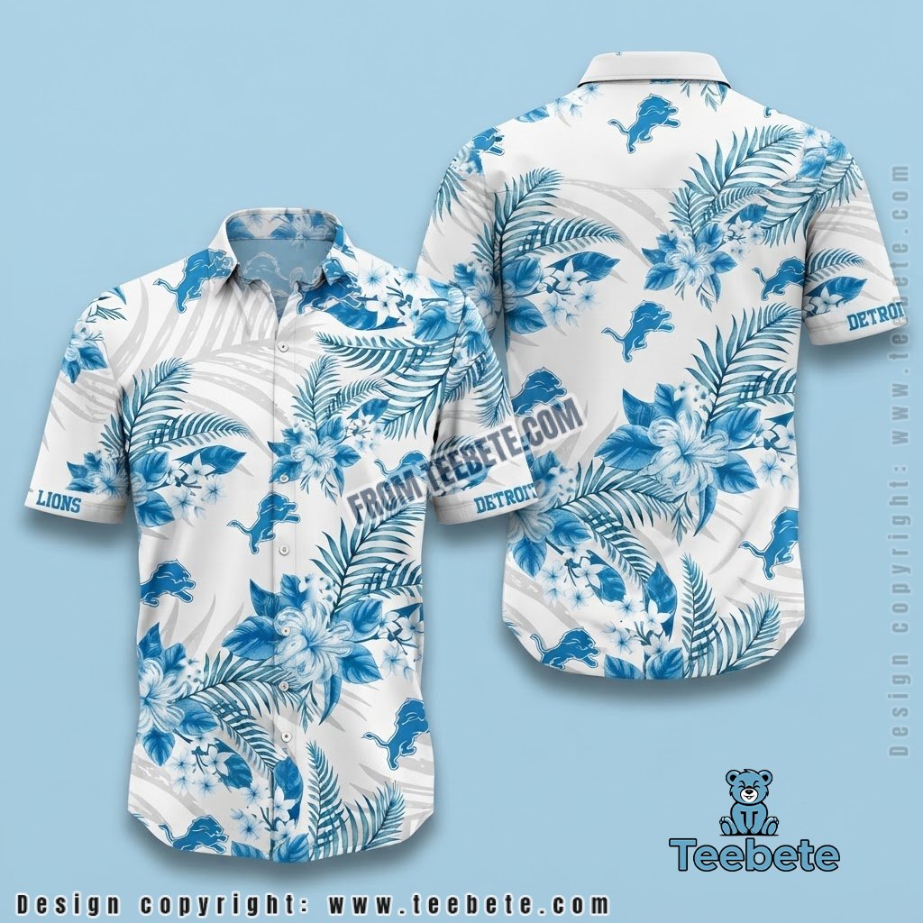 Detroit Lions Tropical Shirt Powder Blue Leaf Print