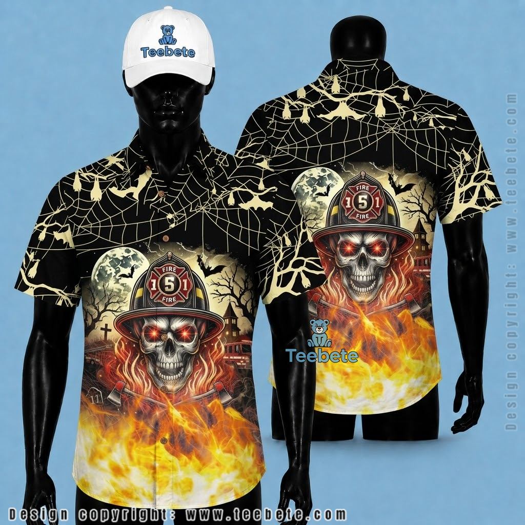 Firefighter Skull Halloween Hawaiian Shirt