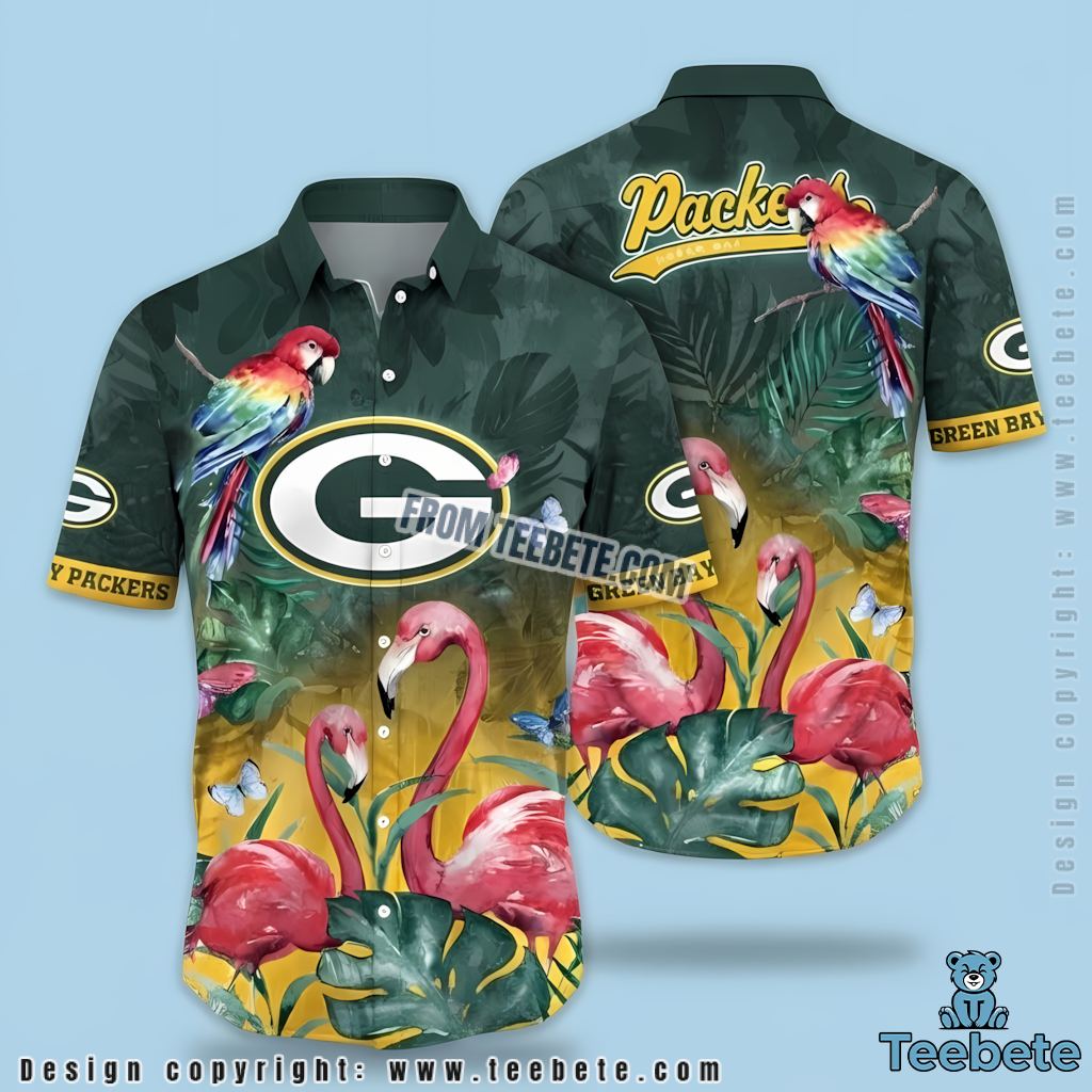 Green Bay Packers Aloha Shirt Flamingo Parrot