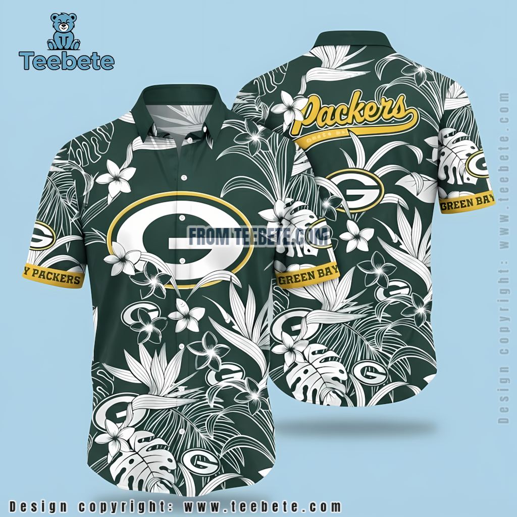 Green Bay Packers Hawaiian Shirt Monochrome Botanical