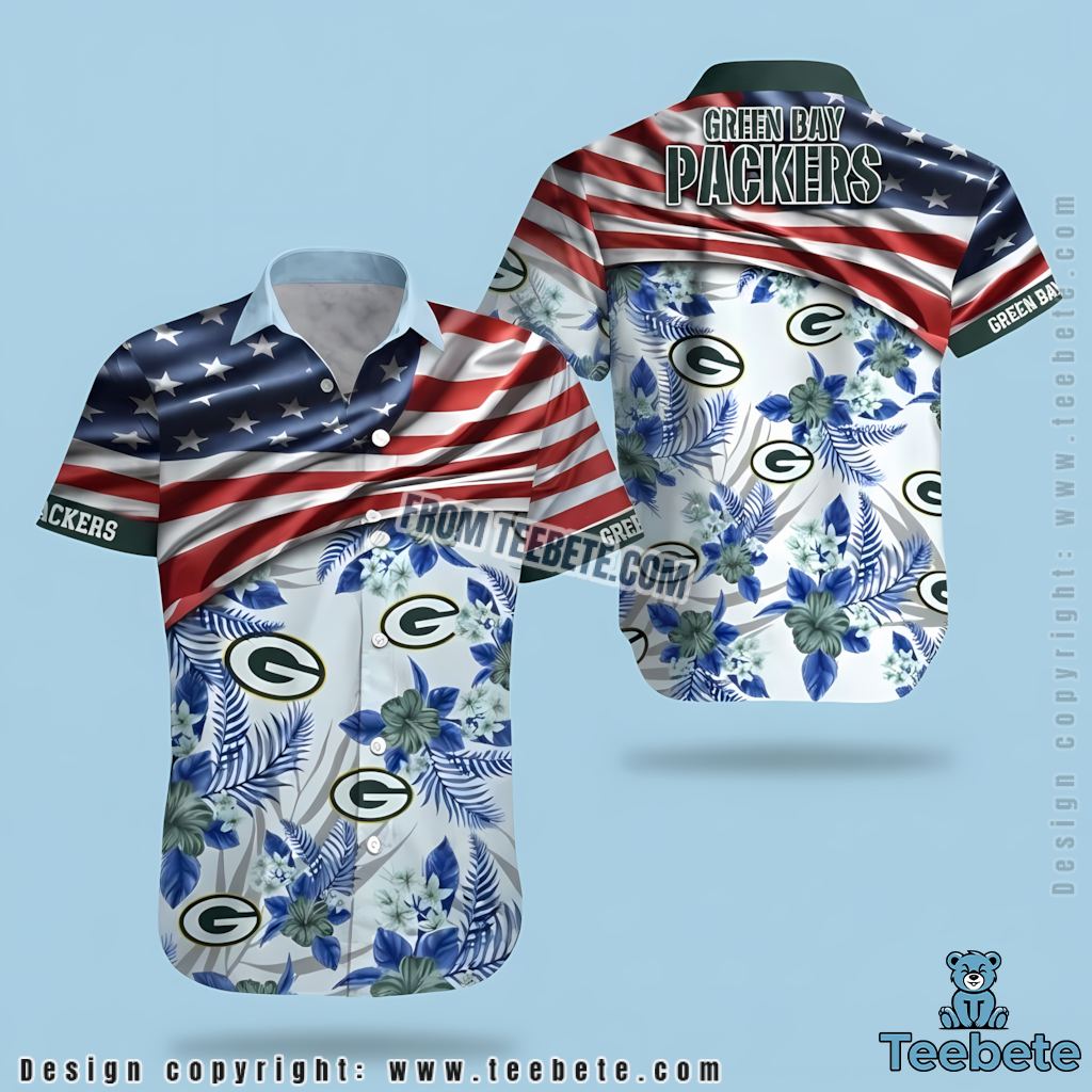 Green Bay Packers Hawaiian Shirt Patriotic Blue Floral