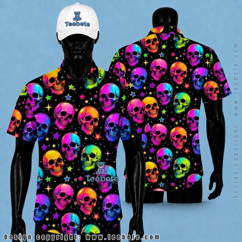 Halloween Neon Skull Button Up Shirt