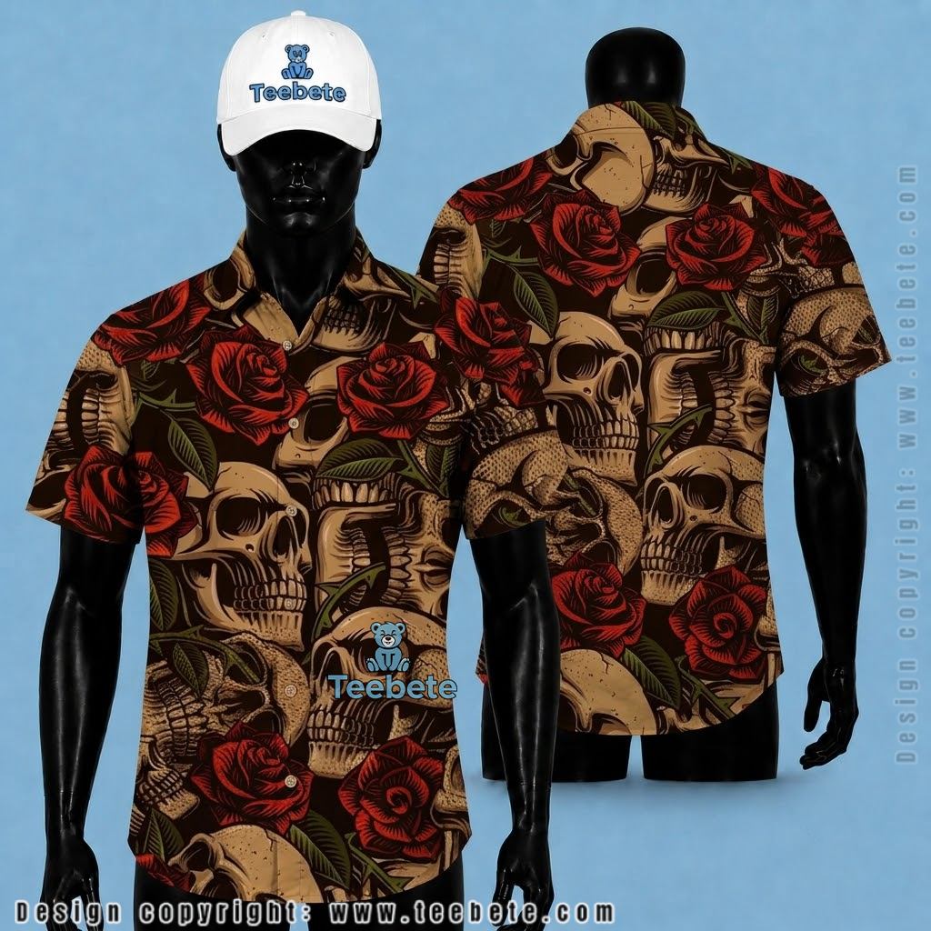 Halloween Skull And Roses Hawaiian Shirt