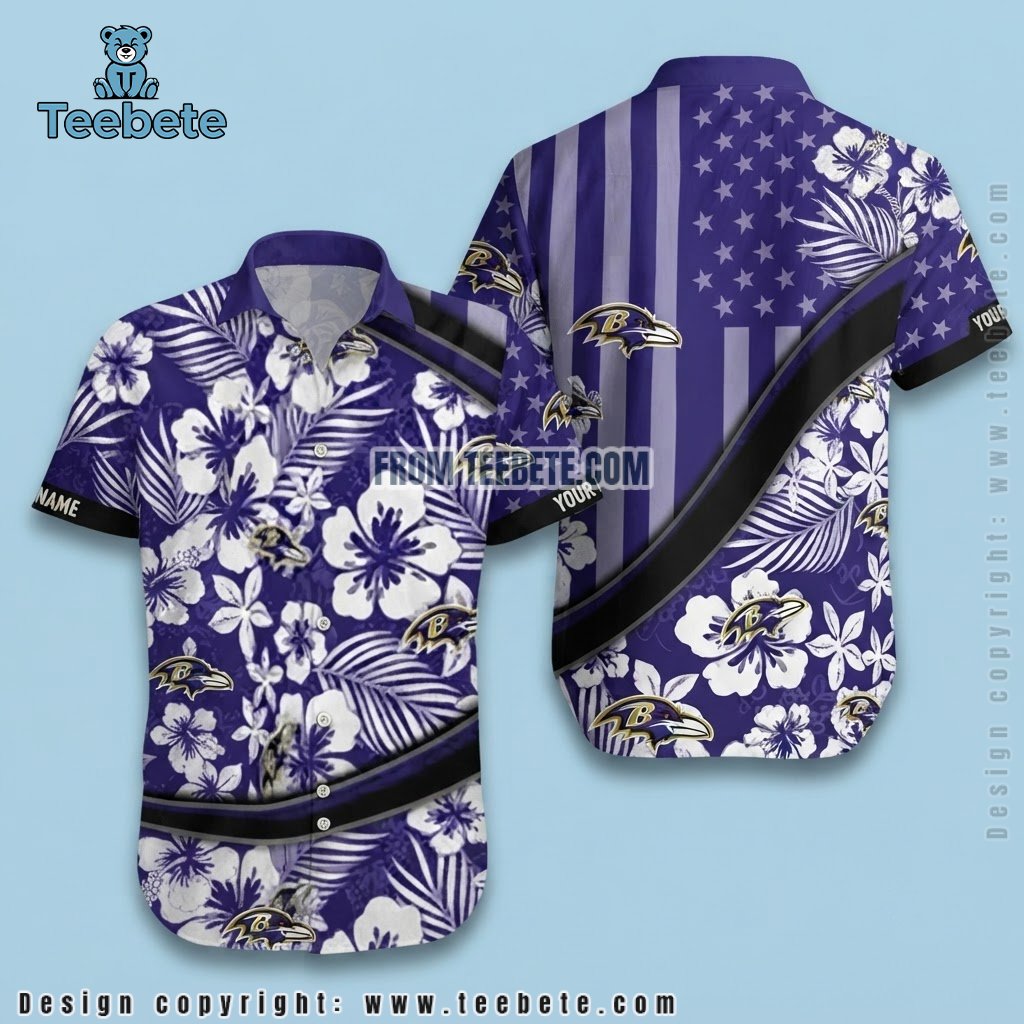 Hibiscus Baltimore Ravens American Flag Hawaiian Shirt