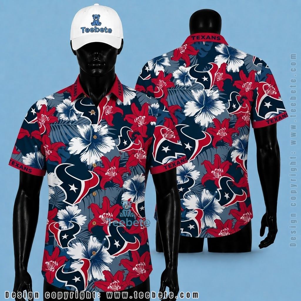 Houston Texans Button Up Shirt Hibiscus Floral Pattern Logo