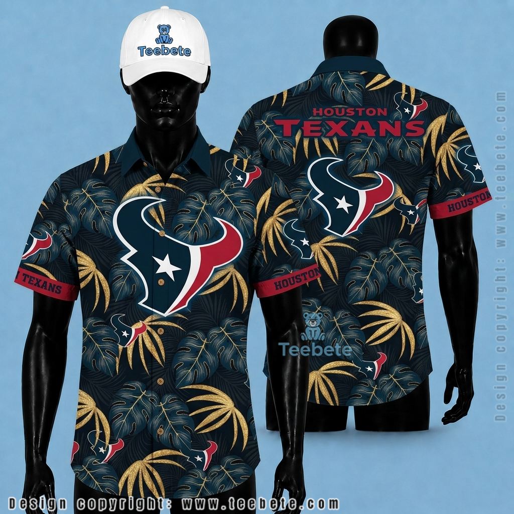 Houston Texans Hawaiian Shirt Golden Monstera Leaf Pattern