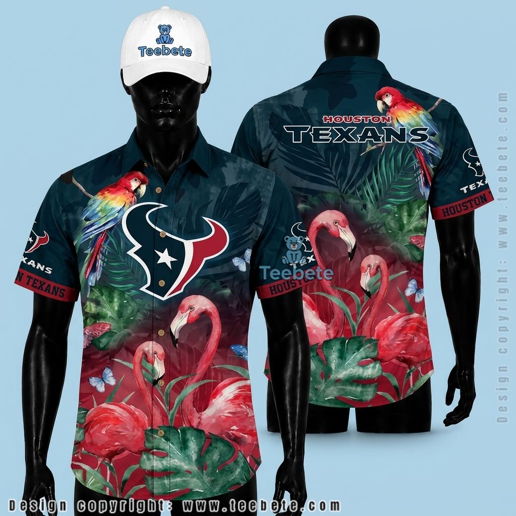 Houston Texans Hawaiian Shirt Parrot Flamingo Tropical Garden