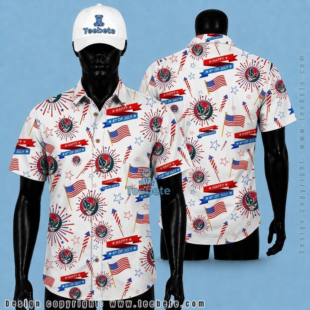 Houston Texans Hawaiian Shirt Skull Firework White Patriotic
