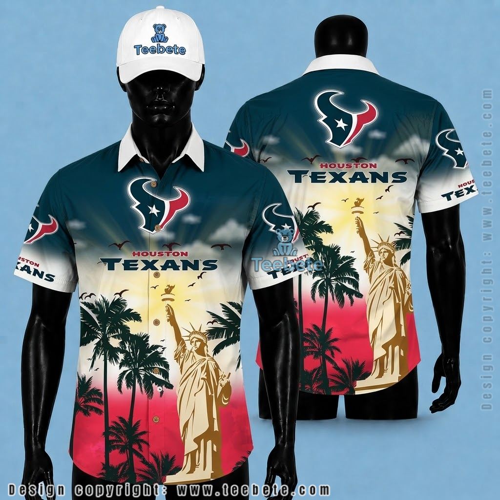 Houston Texans Hawaiian Shirt Statue Liberty Sunset Silhouette
