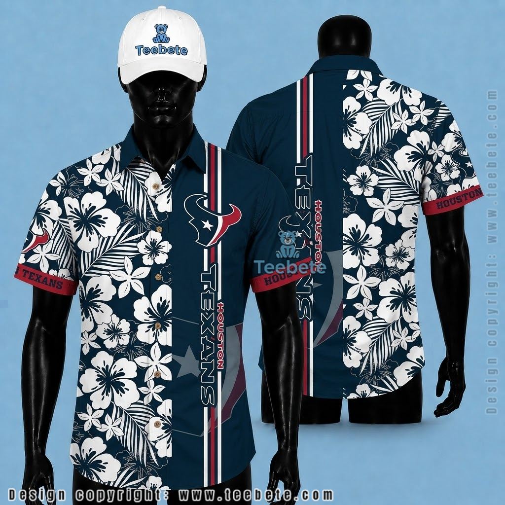 Houston Texans Hawaiian Shirt White Hibiscus Vertical Stripe