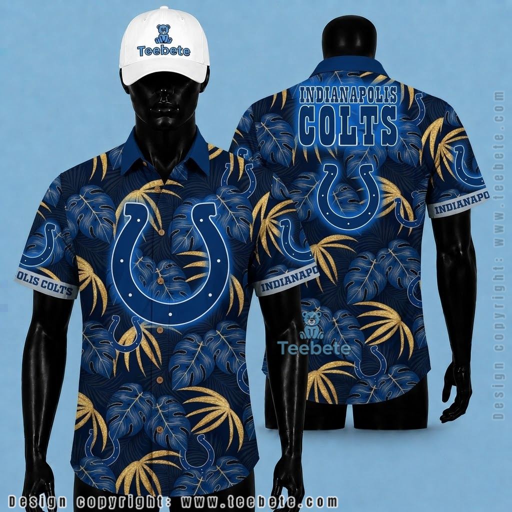 Indianapolis Colts Hawaiian Shirt Golden Monstera Horseshoe Pattern