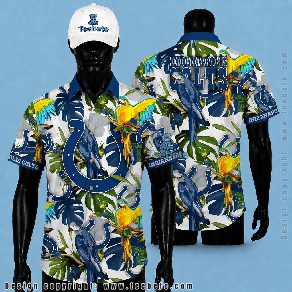 Indianapolis Colts Hawaiian Shirt Macaw Parrot Monstera Leaf