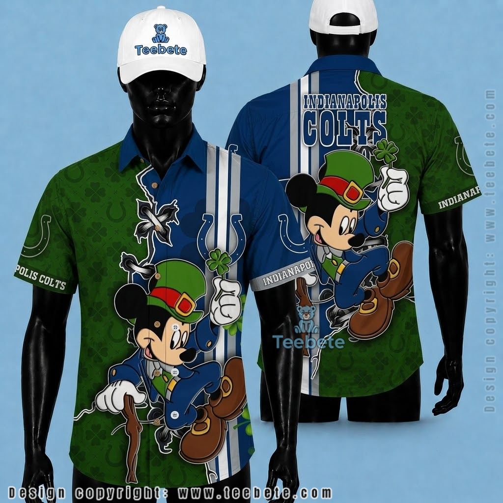 Indianapolis Colts Hawaiian Shirt Mickey Leprechaun Shamrock Design