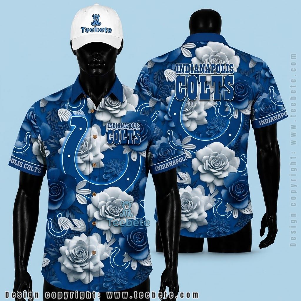 Indianapolis Colts Hawaiian Shirt Rose Horseshoe Blue Bloom