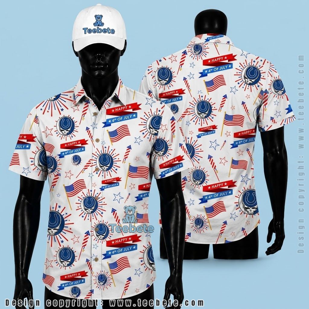 Indianapolis Colts Hawaiian Shirt Skull Firework White Patriotic