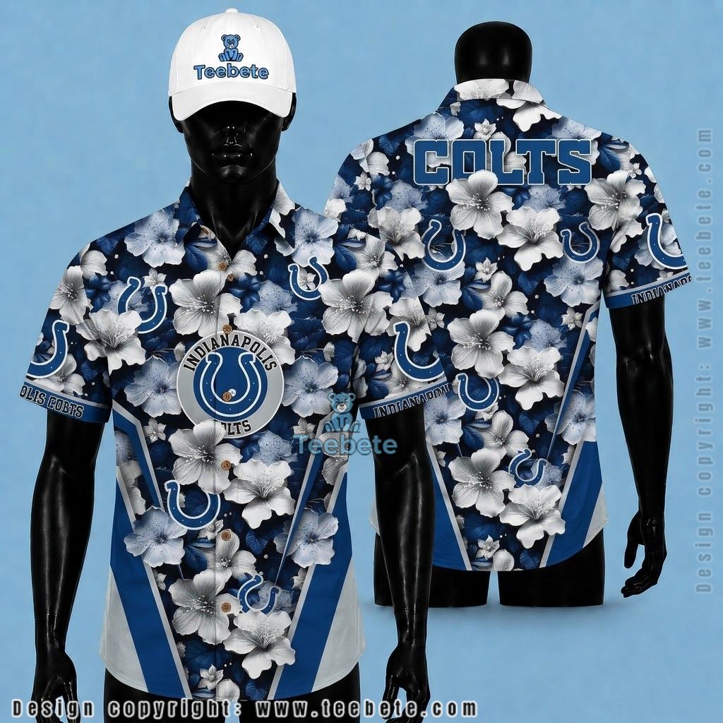 Indianapolis Colts Hawaiian Shirt White Hibiscus Diagonal Stripe