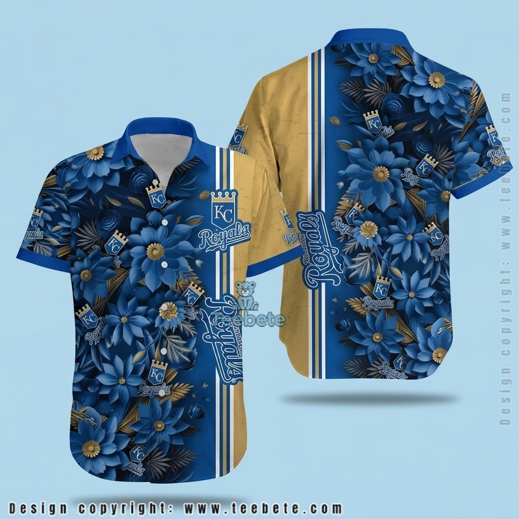 Kansas City Royals Hawaiian Shirt Split Panel Blue Daisy Pattern