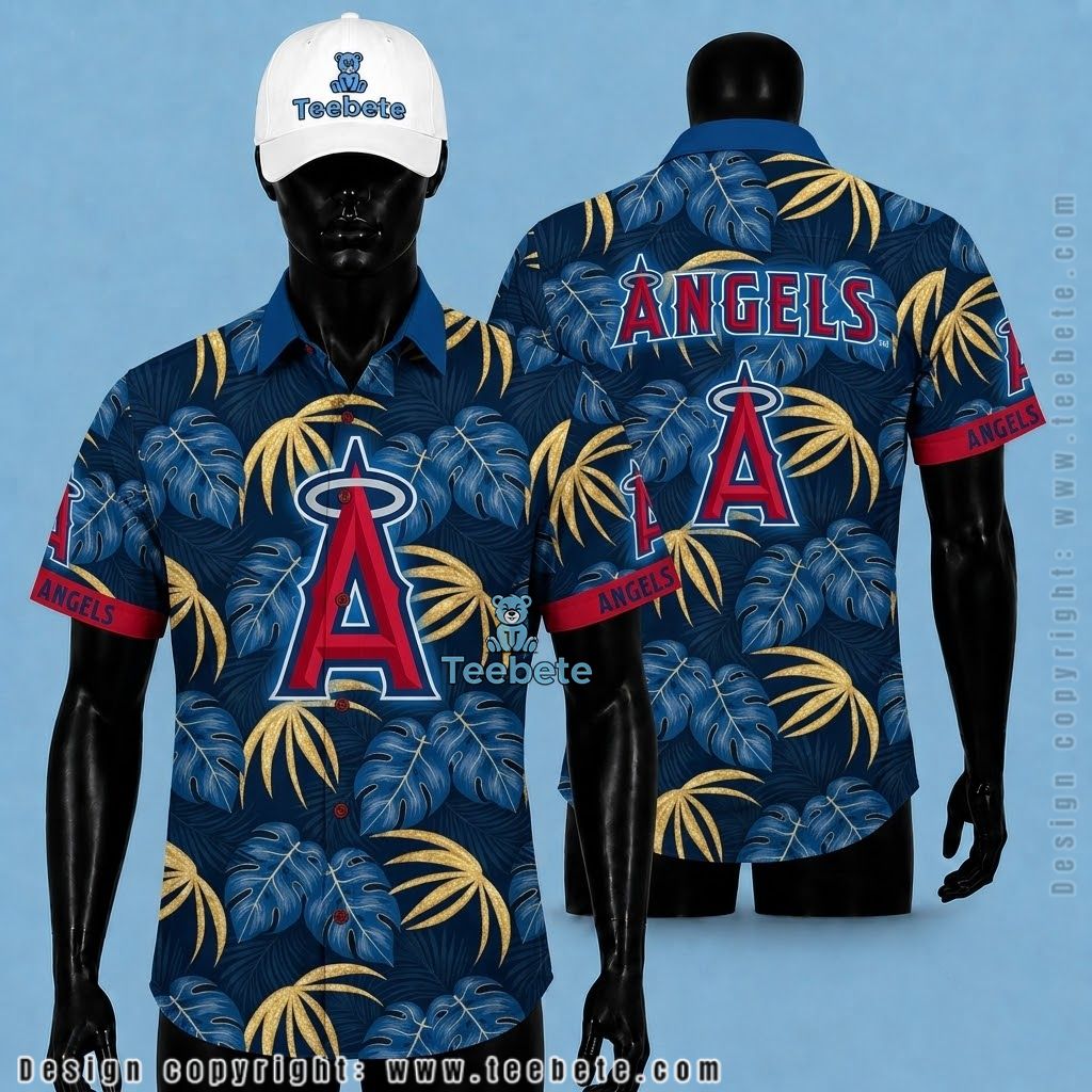 Los Angeles Angels Hawaiian Shirt Monstera Leaf Navy