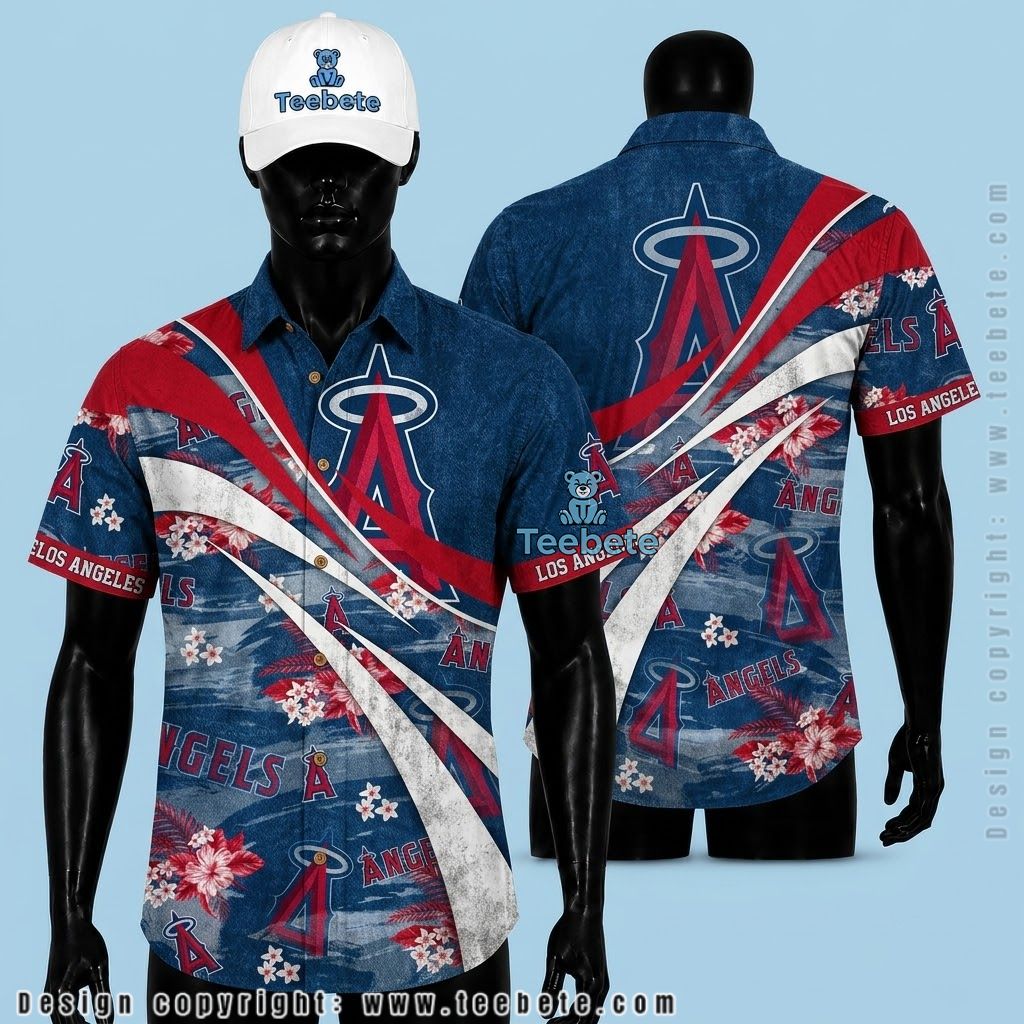 Los Angeles Angels Hawaiian Shirt Swirl Hibiscus Blue