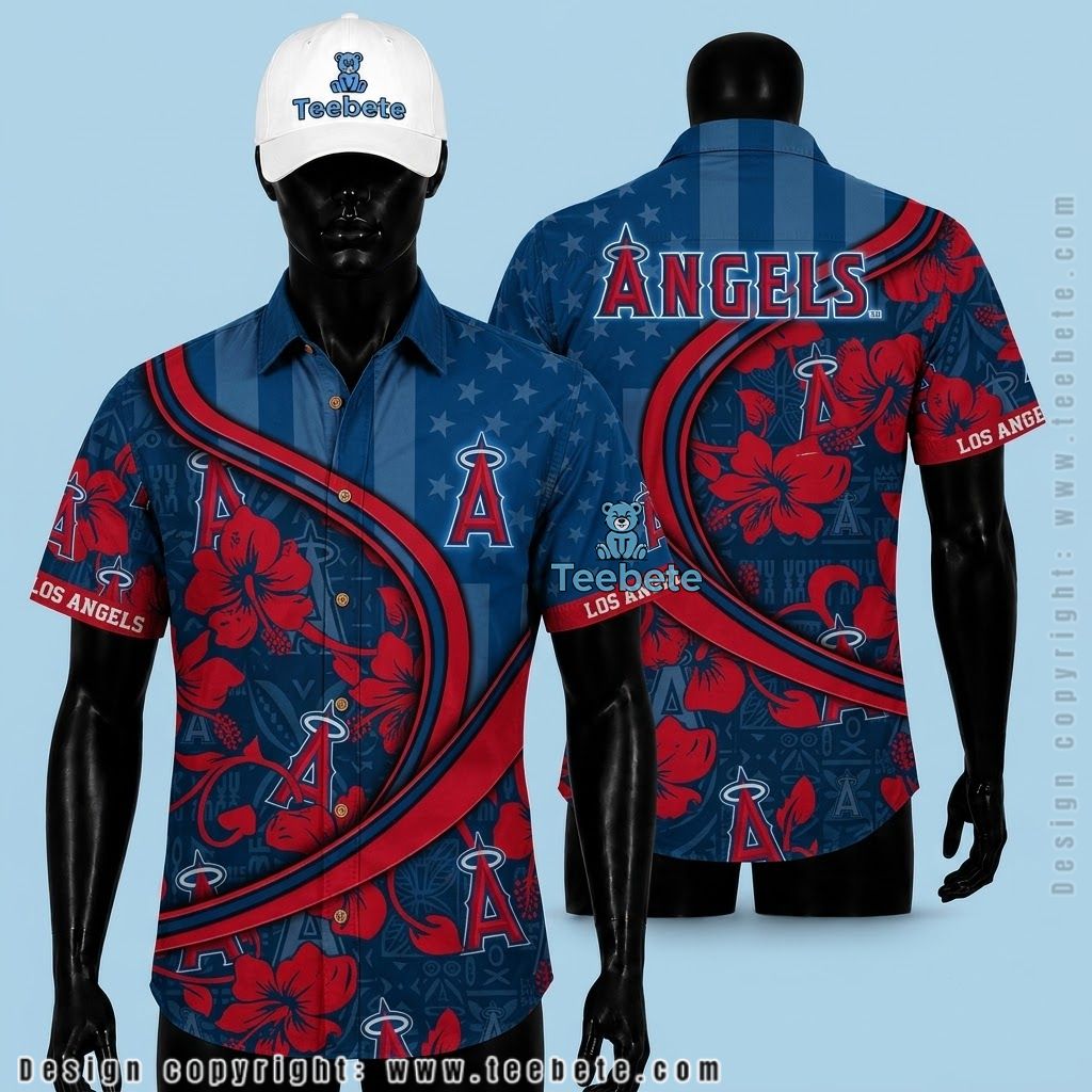 Los Angeles Angels Hawaiian Shirt Swirl Hibiscus Stripe