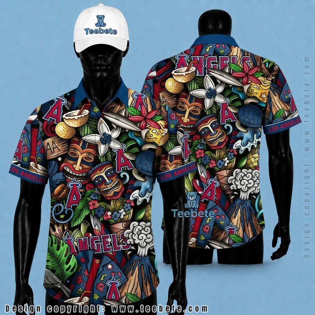 Los Angeles Angels Hawaiian Shirt Tiki Volcano Turtle Colorful