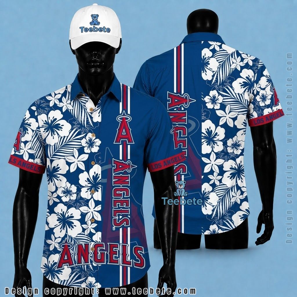 Los Angeles Angels Hawaiian Shirt White Hibiscus Stripe
