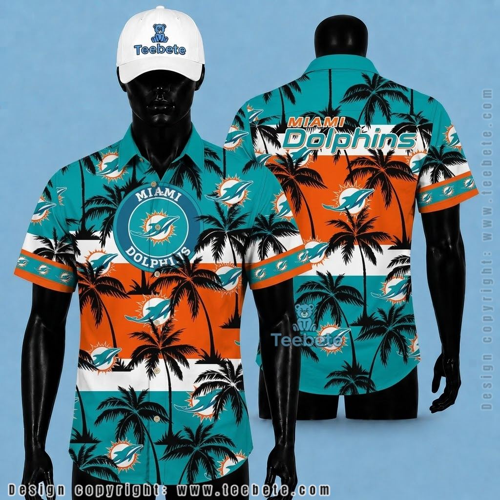 Miami Dolphins Button Up Shirt Palm Stripe