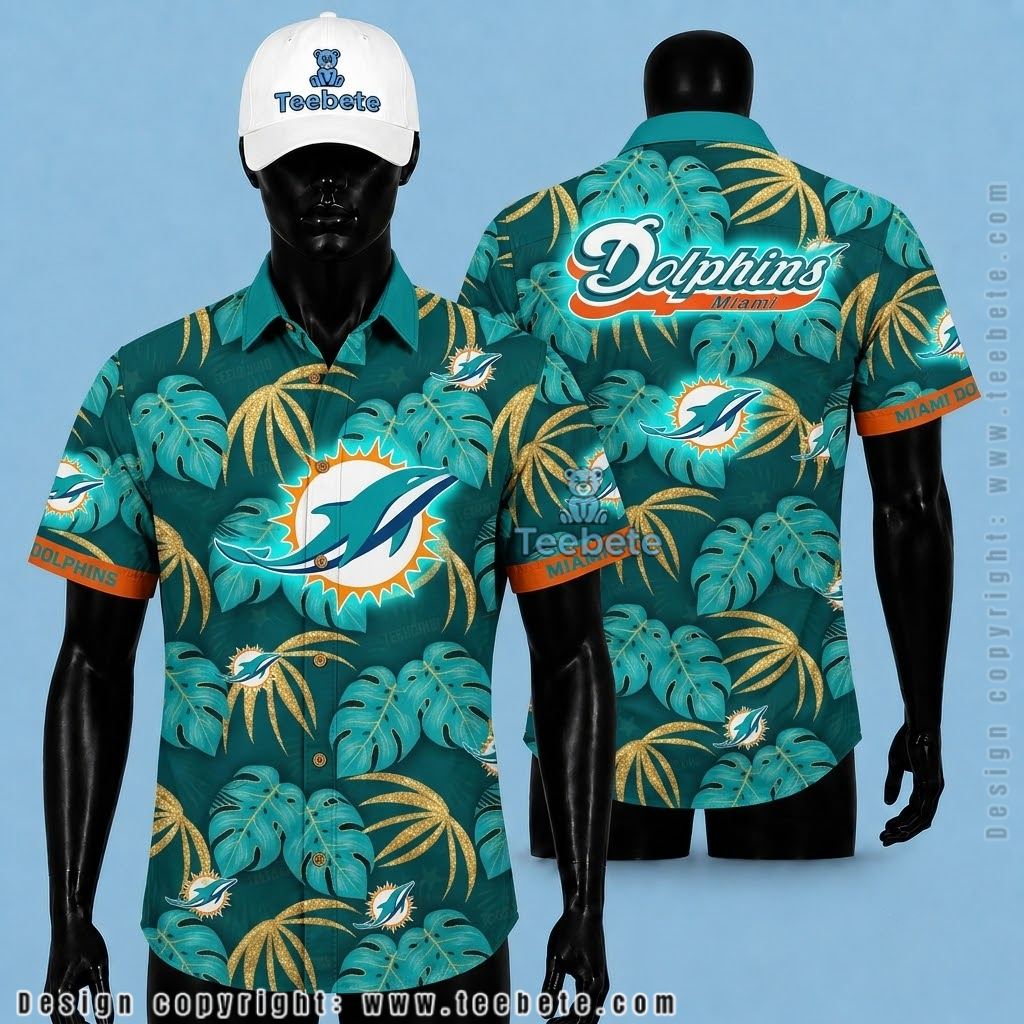 Miami Dolphins Hawaiian Shirt Golden Monstera